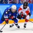 GANGNEUNG, SOUTH KOREA - FEBRUARY 22: USA's Monique Lamoureux-Morando #7 stickhandles the puck with Canada's Emily Clark #26 chasing during gold medal round action at the PyeongChang 2018 Olympic Winter Games. (Photo by Matt Zambonin/HHOF-IIHF Images)

